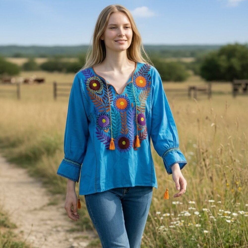 Folk Chic Boho Peasant Festival Western Artisanal Embroidered Tunic Top M Blue‎